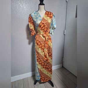 Never Fully Dressed Contrast Blue Orange Floral Satin Wrap Duster Maxi Dress 6
